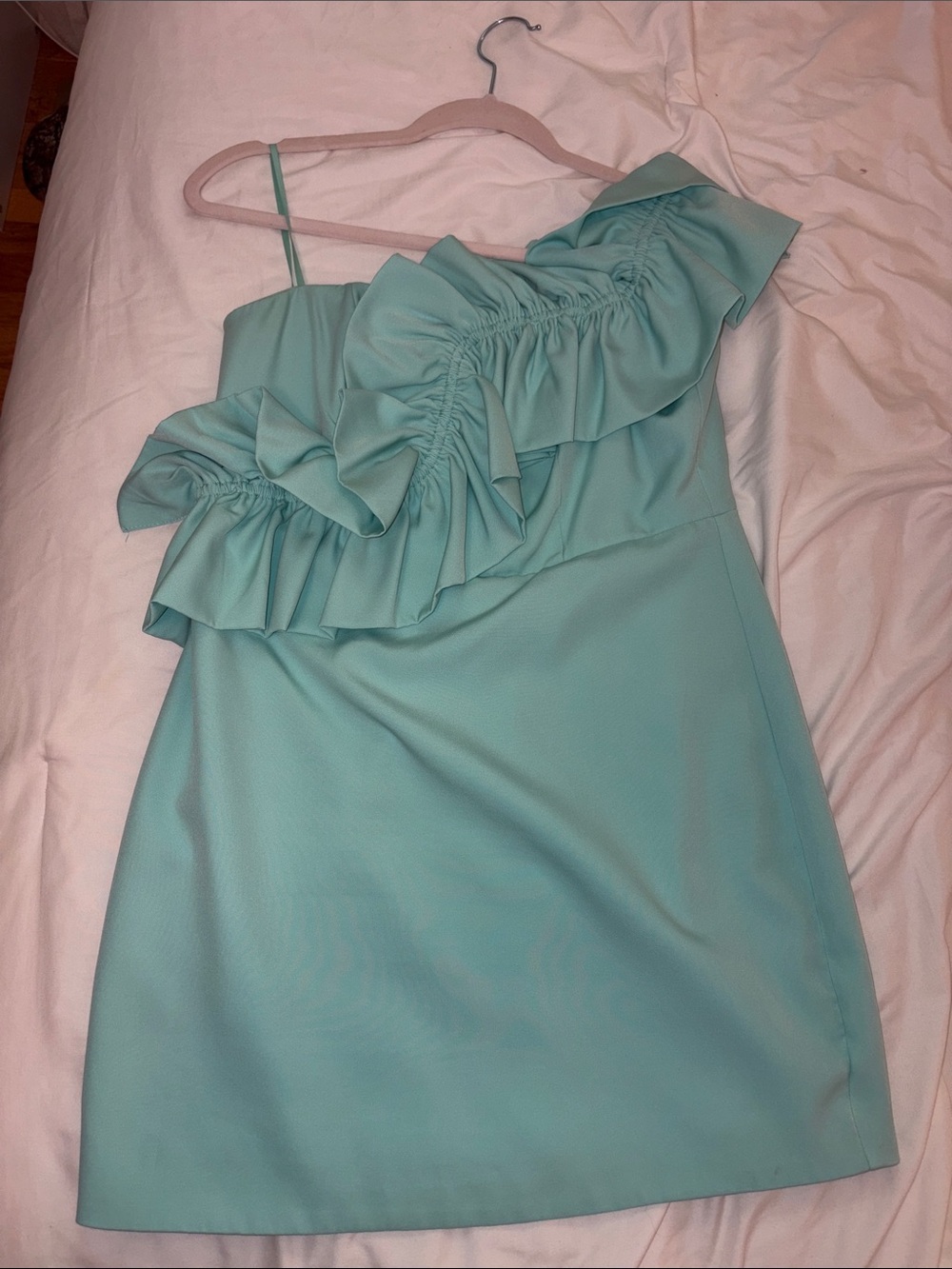 One-Shoulder Ruffle Mini Dress in Mint- DO+BE